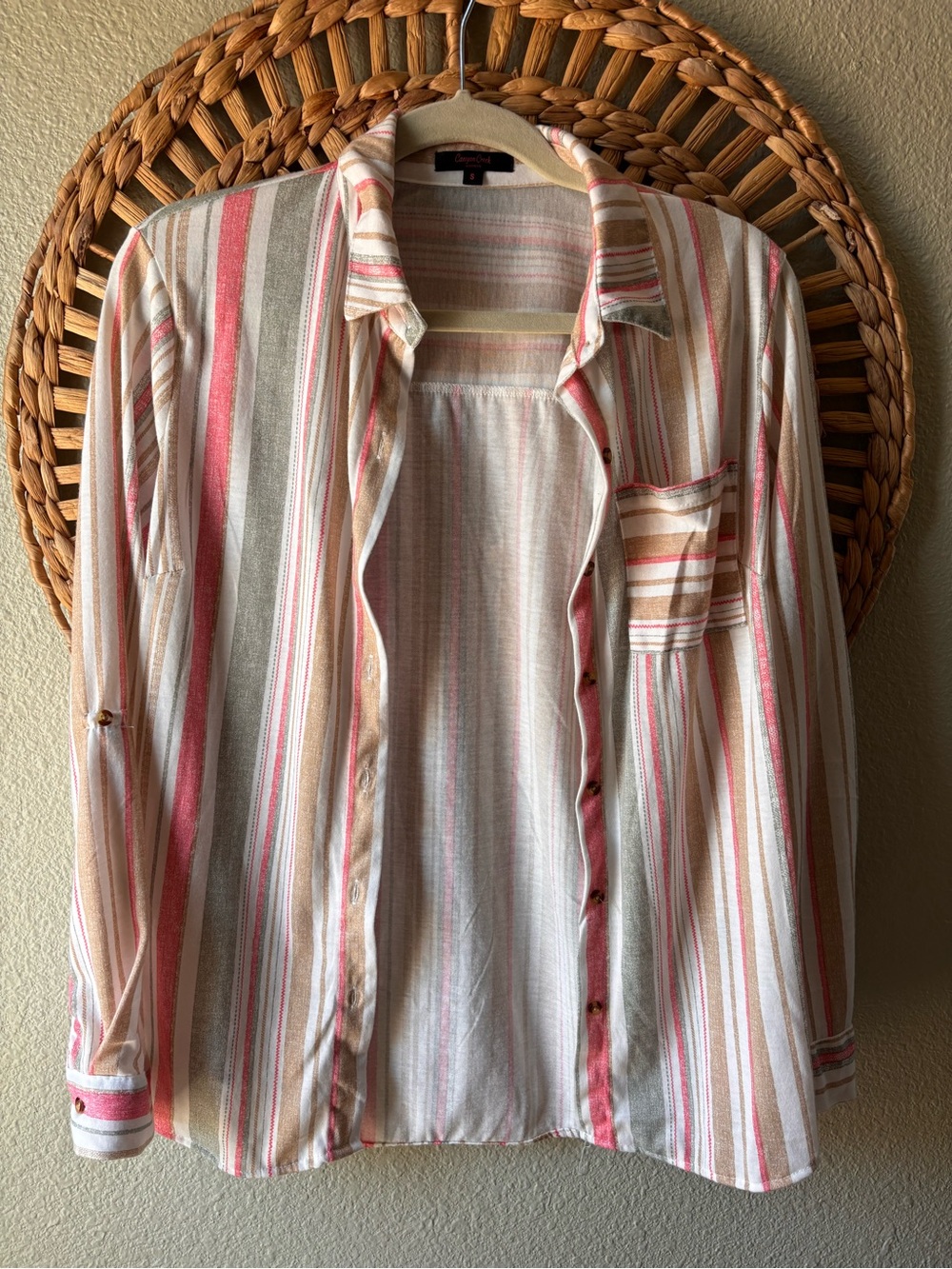 Striped Button-Up Shirt in Coral, Beige & White